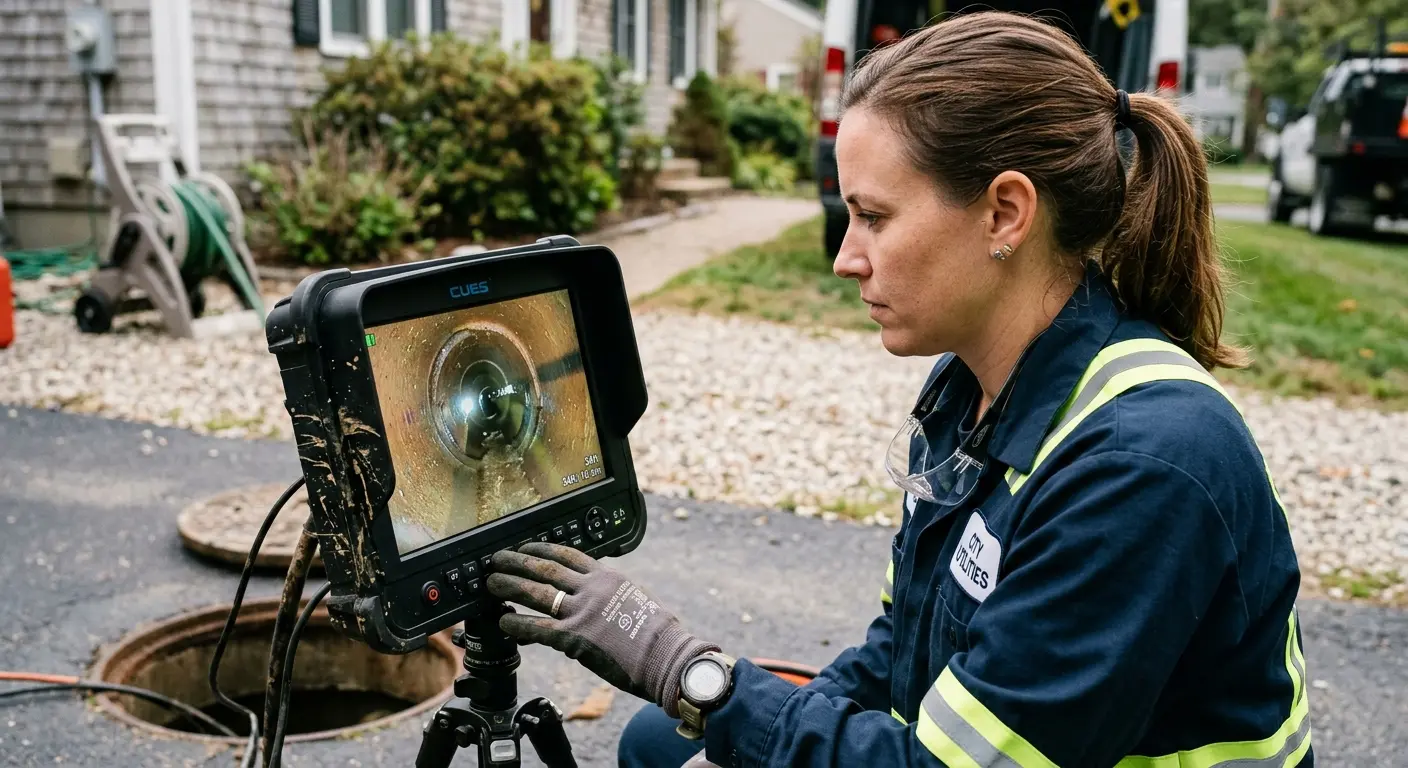 Technician reviewing sewer camera inspection footage in Newberry