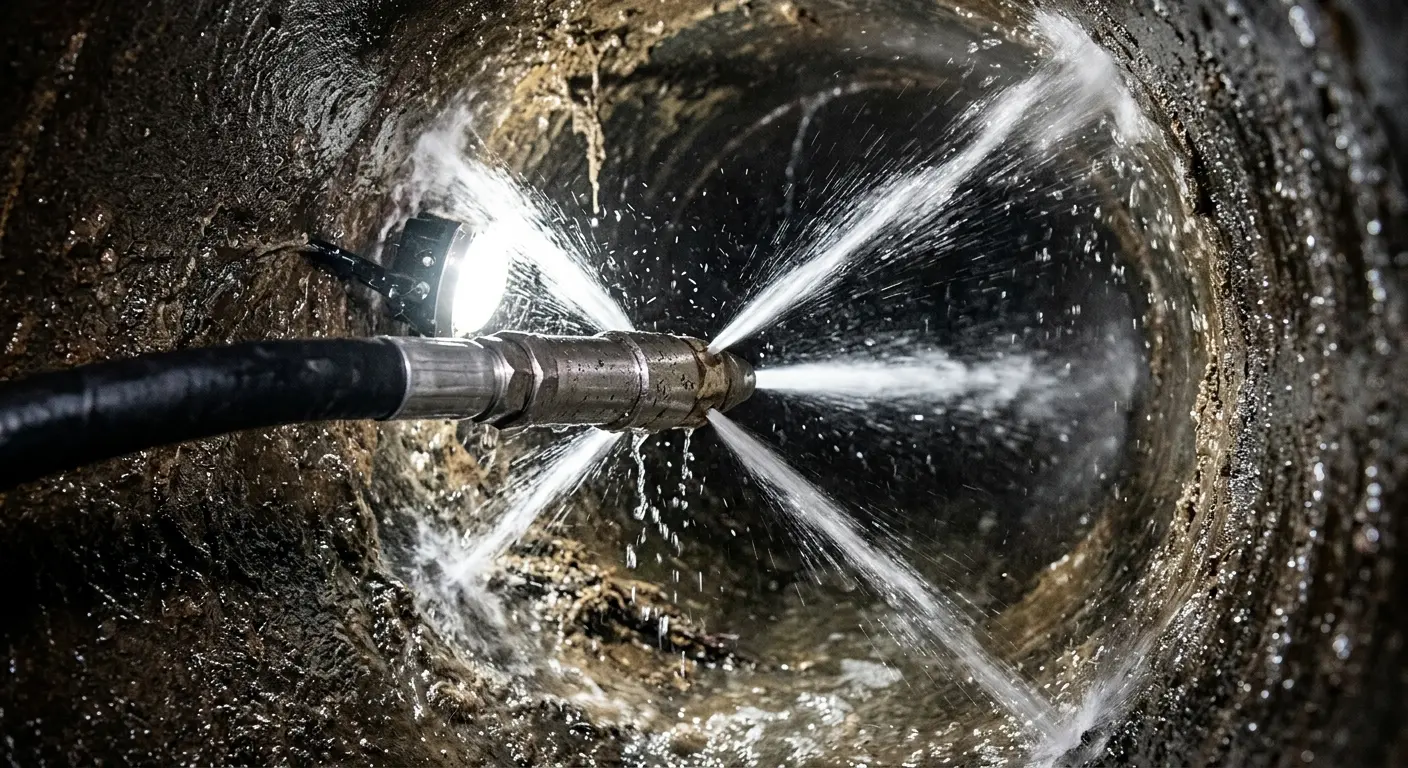 High-pressure hydro jetting nozzle cleaning sewer pipe for Trenchless Sewer Repair in Newberry