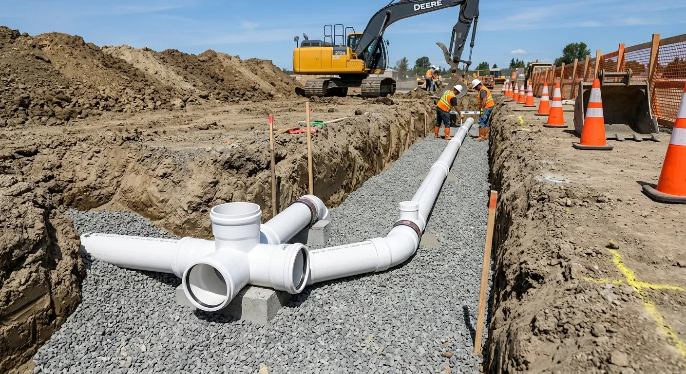 New PVC sewer pipe installation in open trench for Commercial Drain Cleaning in Newberry
