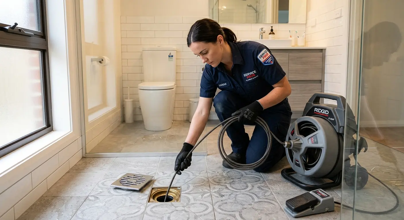 Technician clearing a bathroom floor drain for Drain Cleaning in Newberry